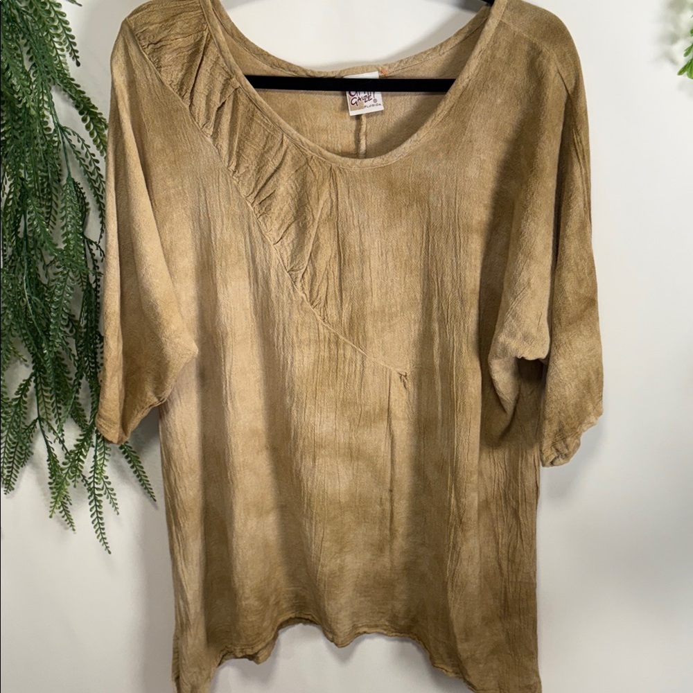 Oh My Gauze! Tan Blouse with Ruffle Accent